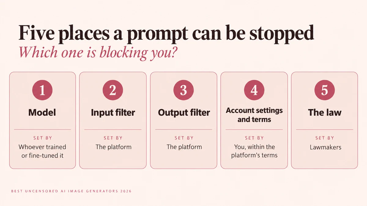 Diagram of five places a prompt can be stopped: the model, the input filter, the output filter, account settings and terms, and the law, with who sets each one.
